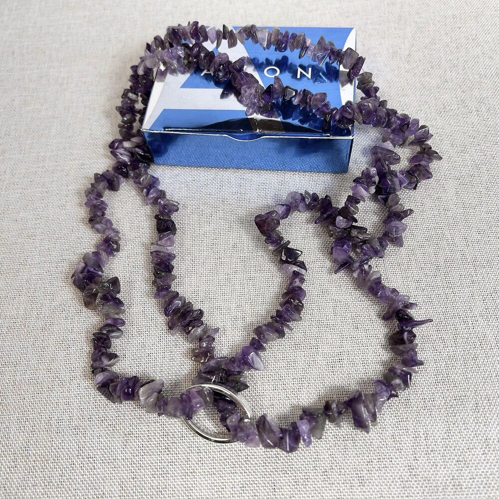 Avon 2006 Amethyst Semi Precious Chip Necklace & Bracelet Gemstone Set 20.5” NIB